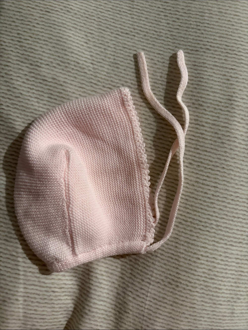 Classic Pale Pink Knit Baby Bonnet with Ties